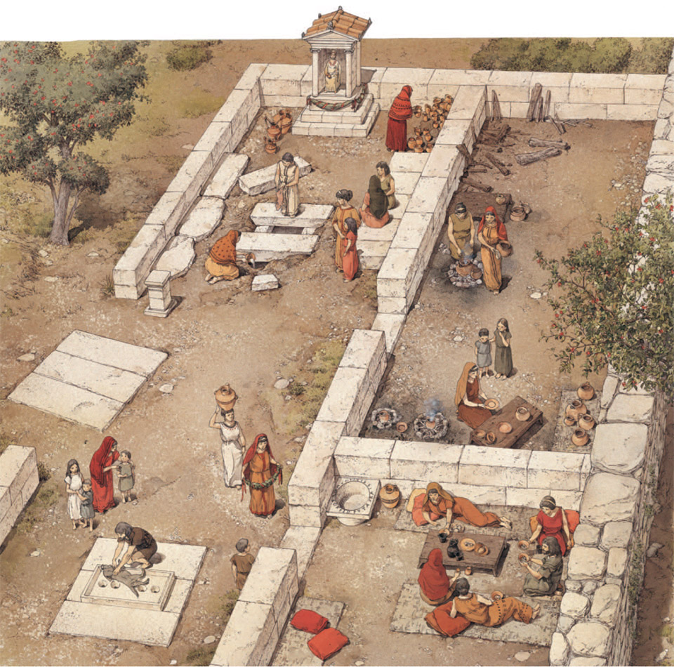 Vaste: Messapian sanctuary at Piazza Dante – Reconstruction, 4th century B.C.E. (Created by F. D’Andria/InkLink-Firenze)