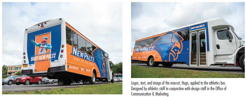 Logos, text, and image of the mascot, Hugo, applied to the athletics bus.