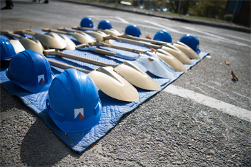Hard hats and shovels at the Engineering Hub Ground Breaking ceremony