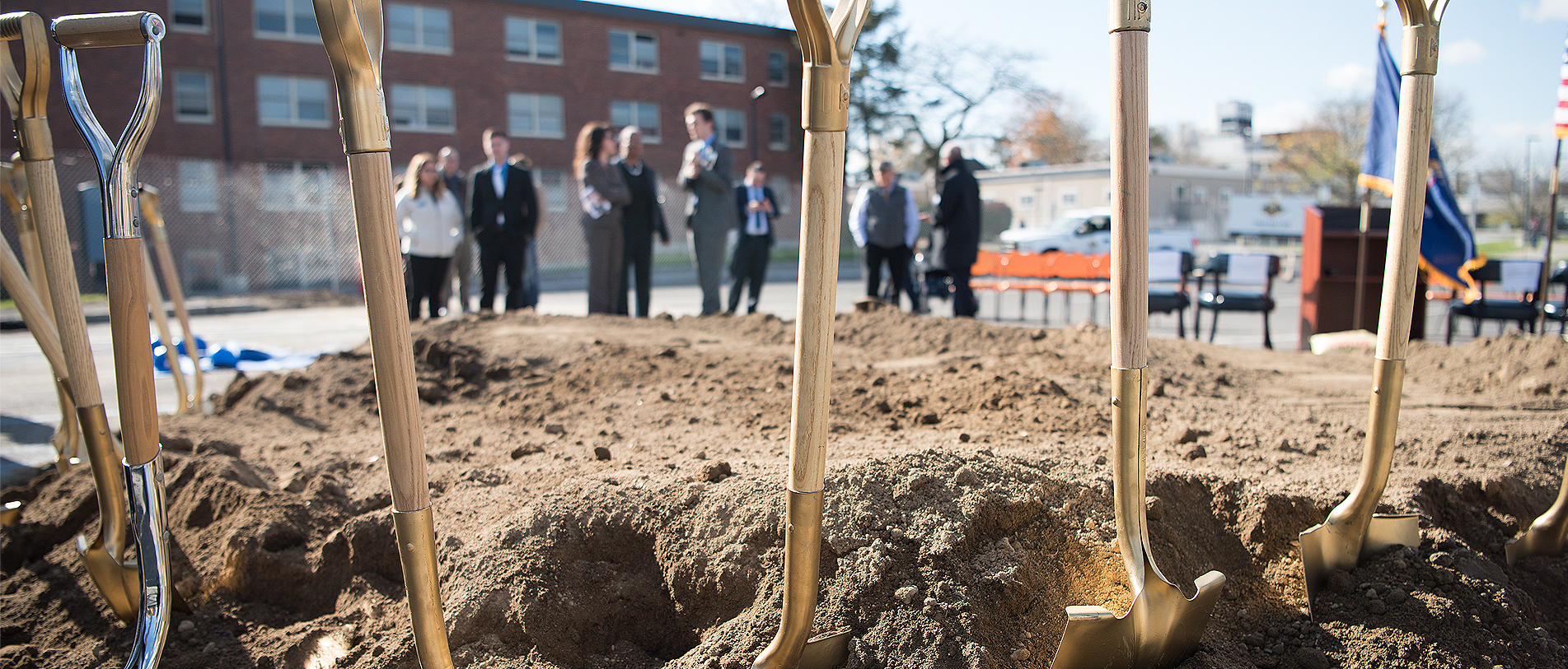 Shovels in the dirt at Engineering Hub Ground Breaking ceremony