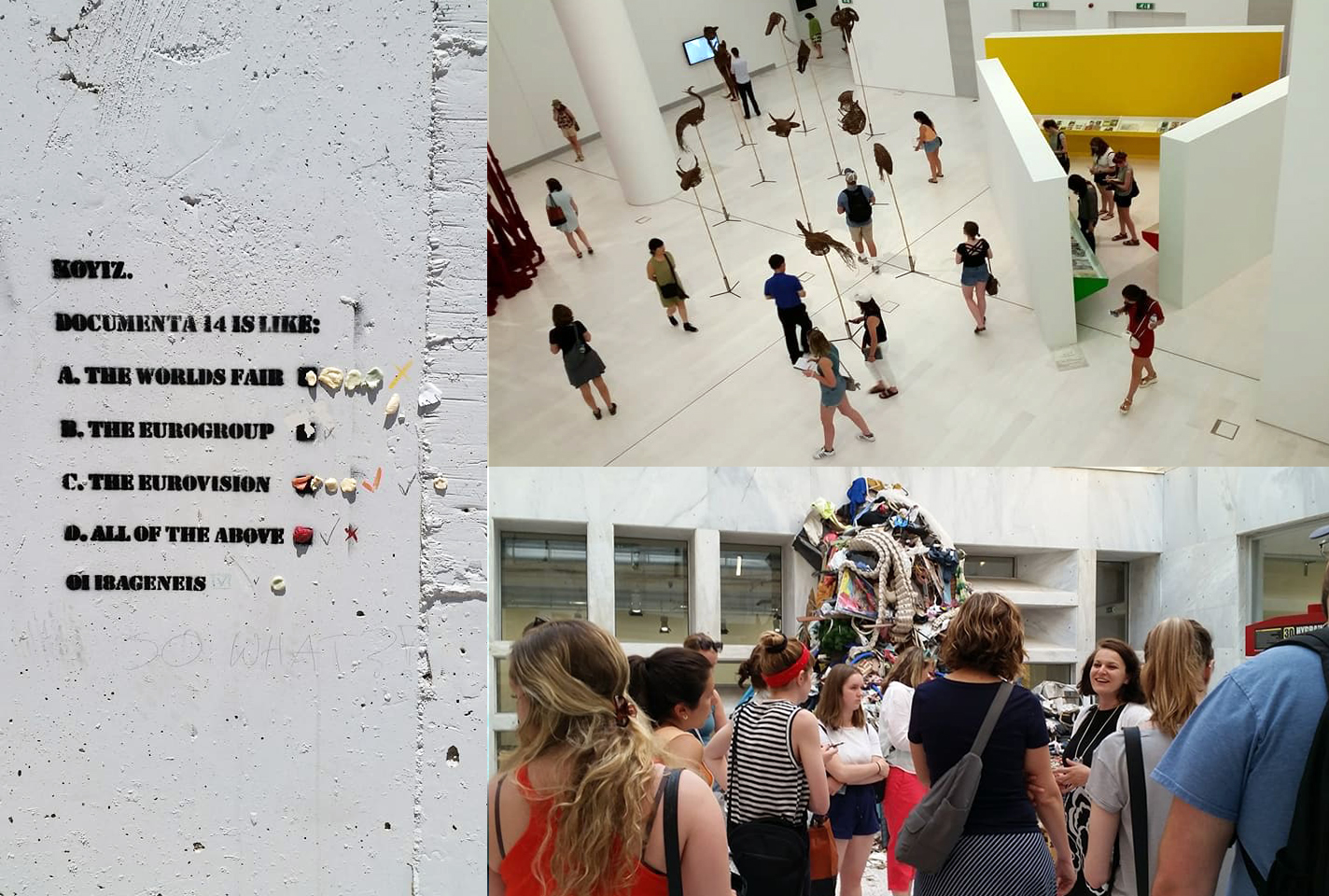 composite images of students attending the international art exhibition, Documenta14 in Athens, Greece, June 23, 2017