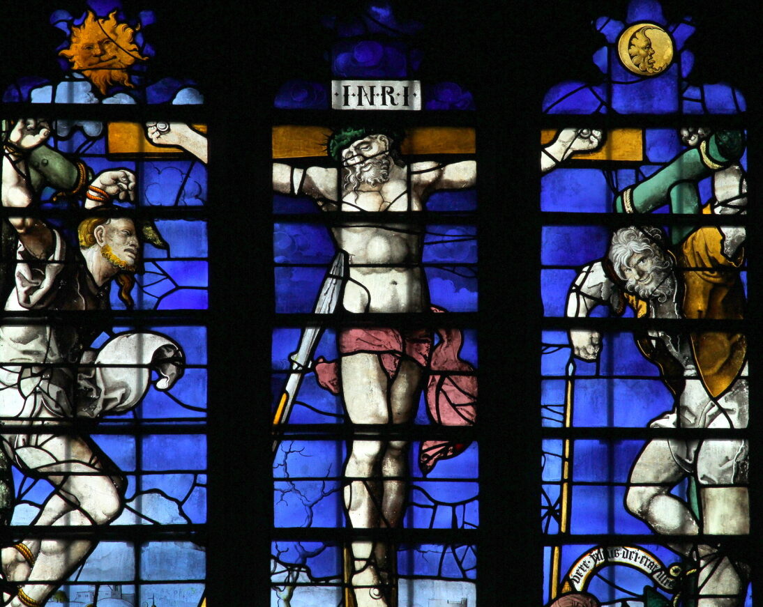 Christ on the Cross and the Two Thieves, stained glass, detail from Window 13, the Great East Windows, King's College Chapel, Cambridge (UK), designed by Dirck Vellert, 1540s