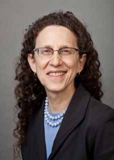 Portrait photograph of Professor Reva Wolf, woman with long hair and glasses in a gray jacket, blue shirt, and necklace
