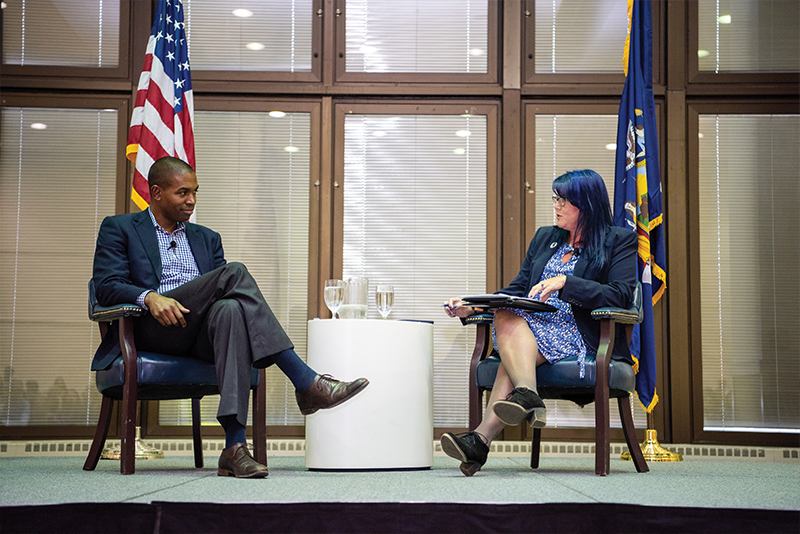 kt Tobin ’92 (Sociology), then-associate director of The Benjamin Center, welcomes Antonio Delgado, member of the U.S. House of Representatives for New York’s 19th Congressional District, to the College for a public conversation focused on his experience and priorities as he serves constituents in the 11-county district.