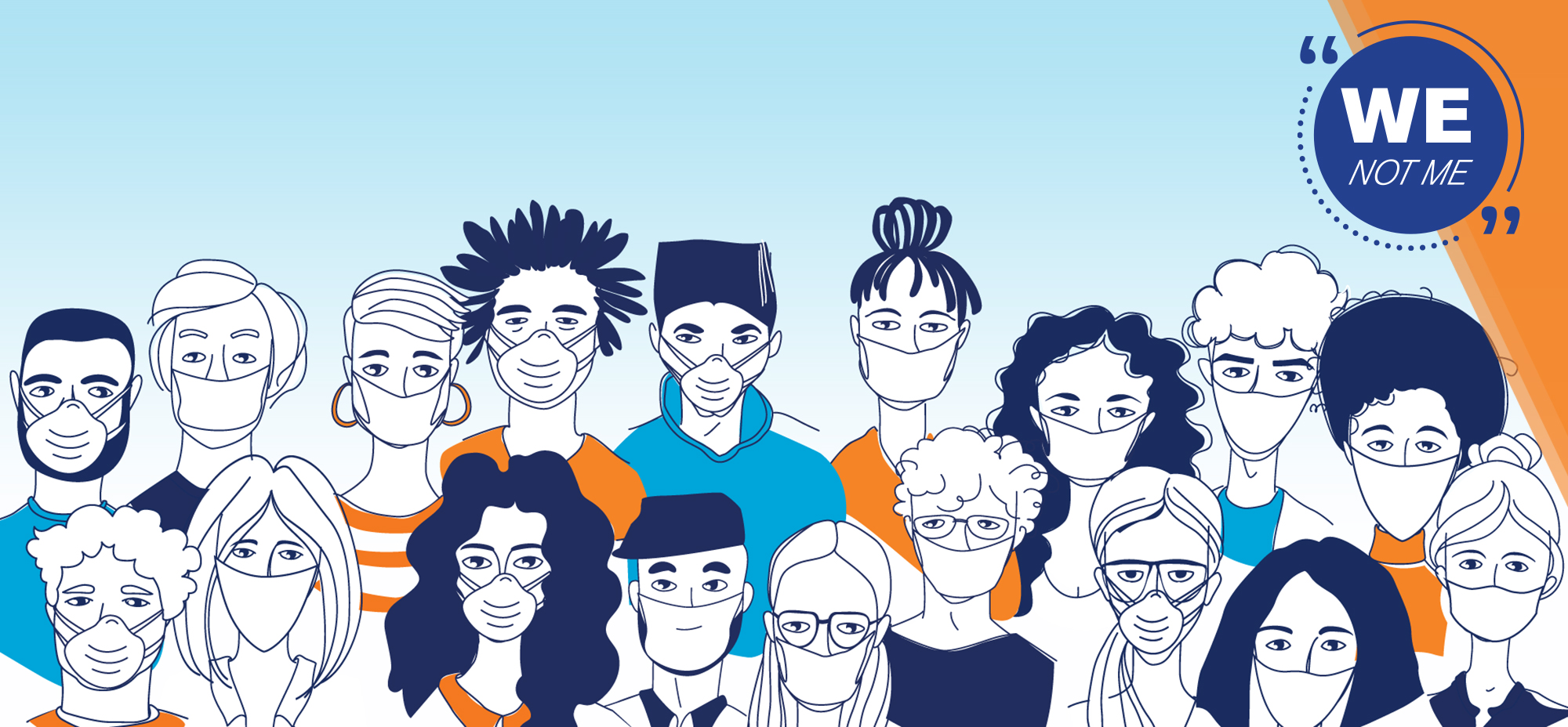 We Not Me Pledge with an illustration of diverse people wearing masks