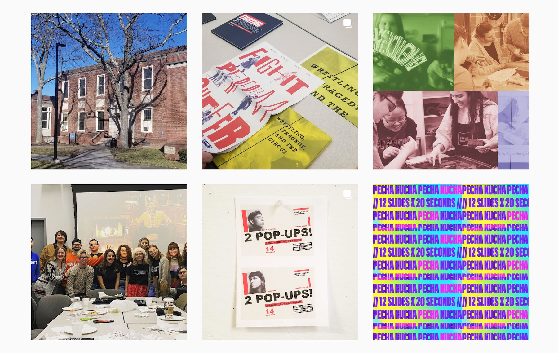 grid of images including the front of a brick building, images of printed publications, a group of students smiling, promotional posters