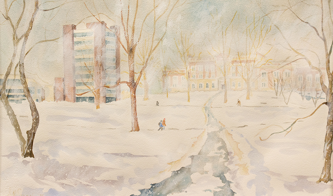 Painting of the New Paltz Campus in the Snow