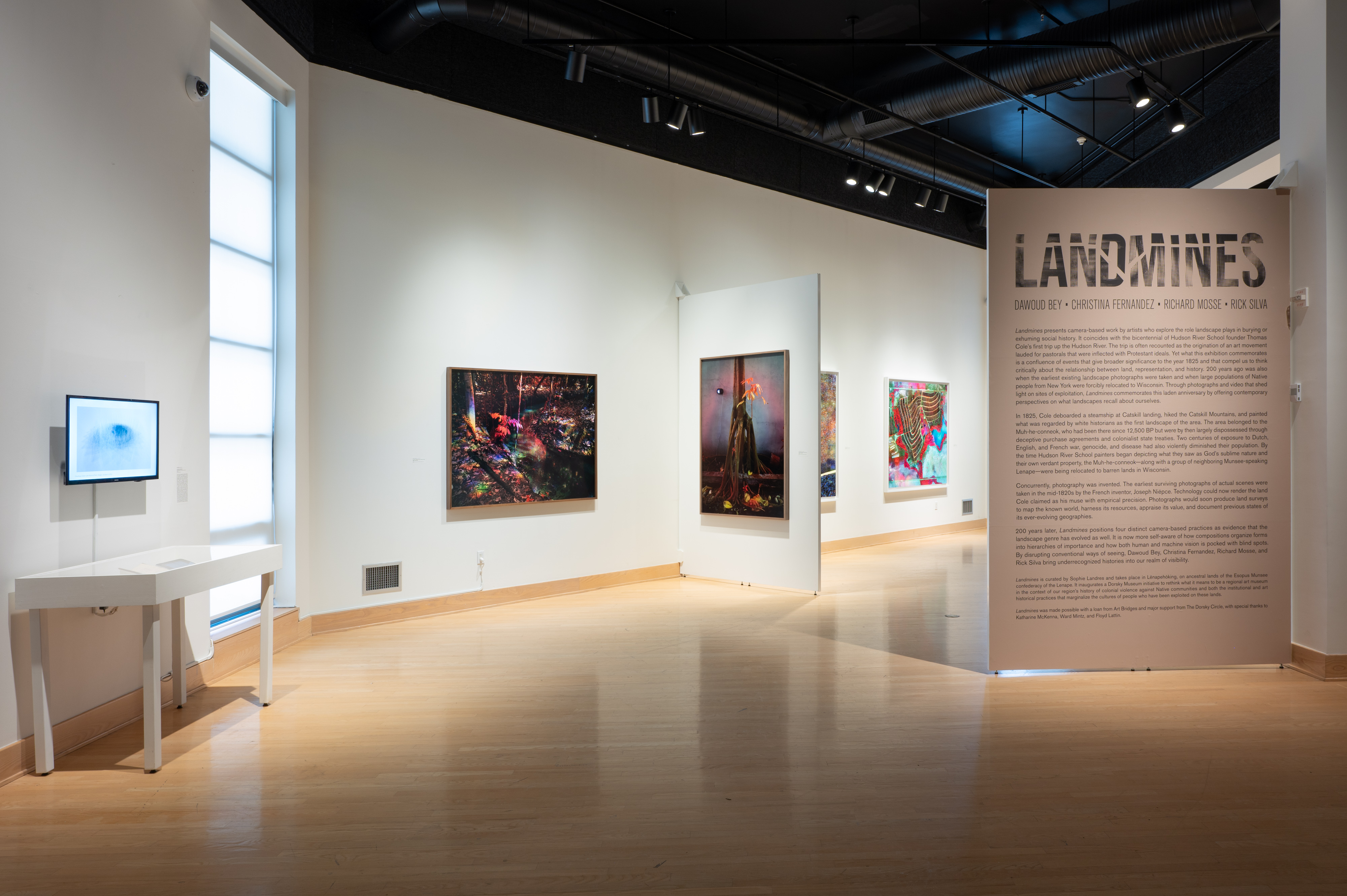 Wide gallery view of Landmines at the Dorsky Museum in New Paltz, exploring how landscapes like those in the Hudson Valley are sites of historical trauma, displacement, and ecological destruction.