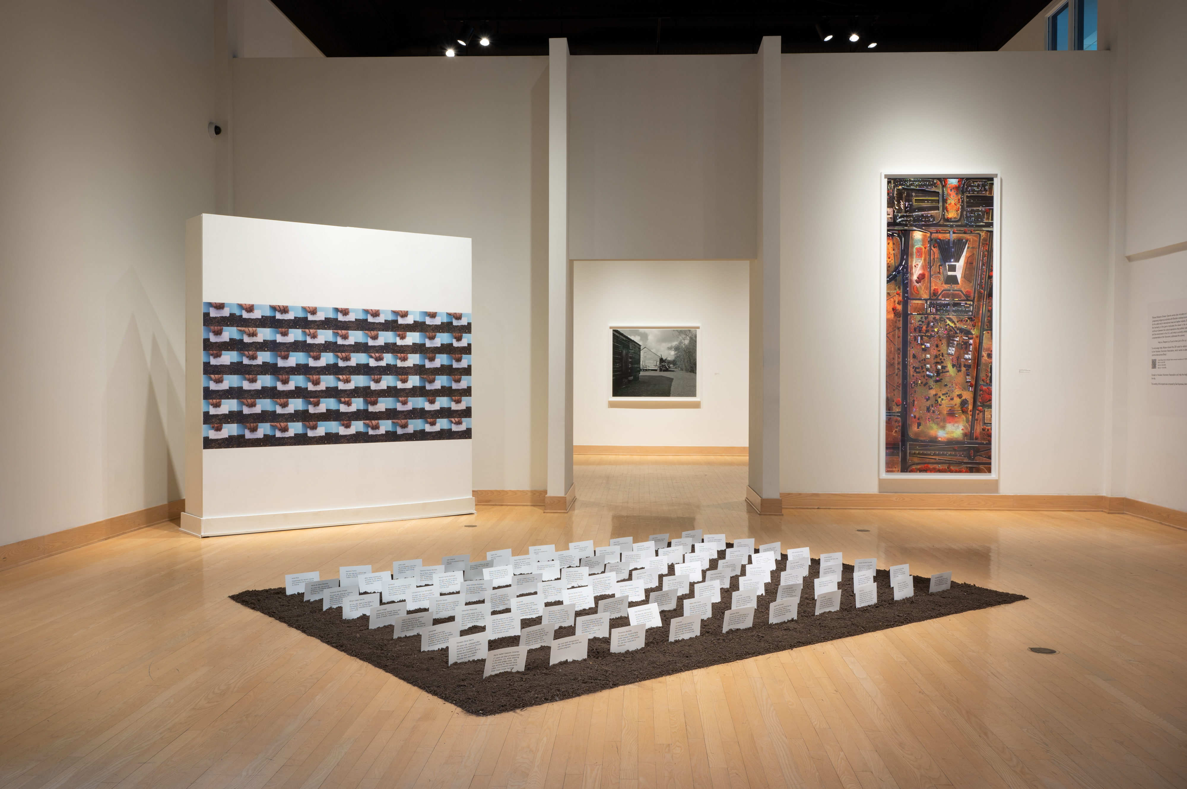 Panoramic view from Landmines at the Dorsky Museum, showcasing works that engage with themes of land, memory, and history in the context of Hudson Valley’s ecological and colonial legacies.