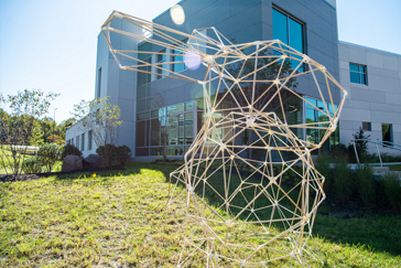 3d printed rabbit in front of the Engineering Hub