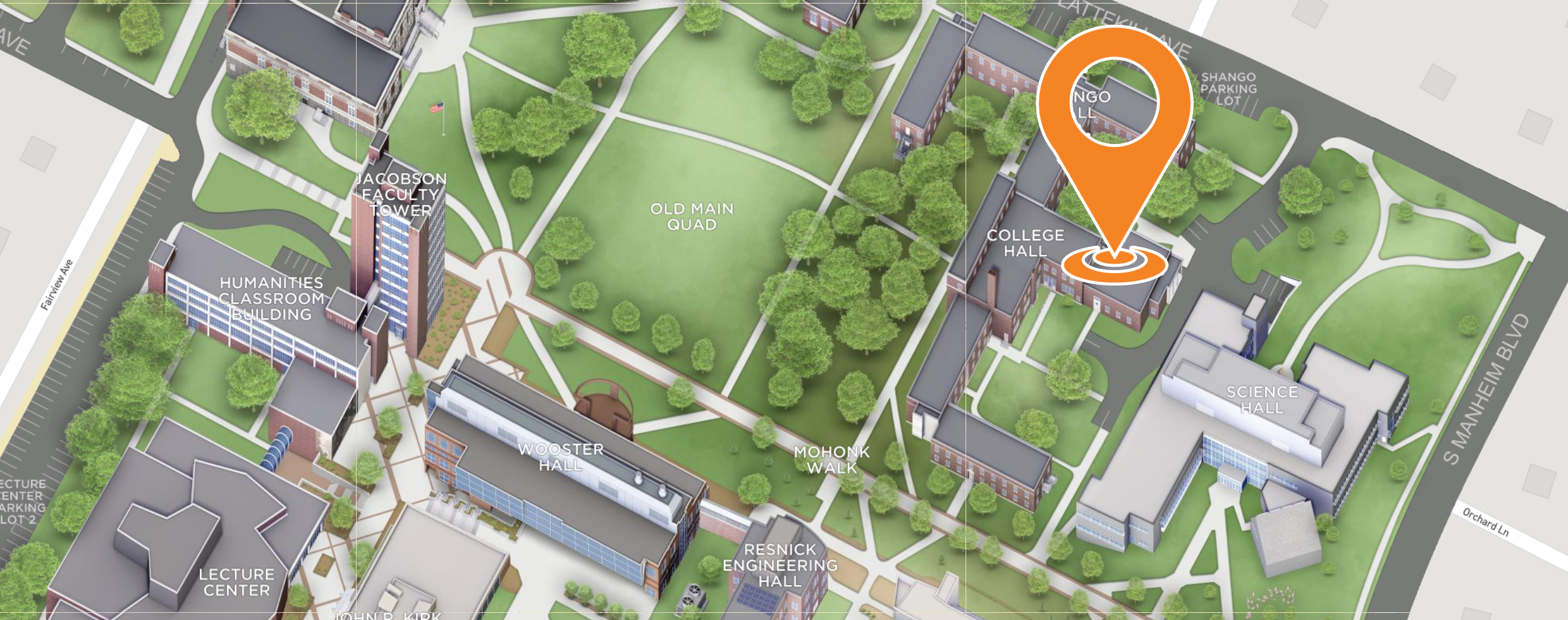 Map of SUNY New  Paltz Campus - location icon on College Hall
